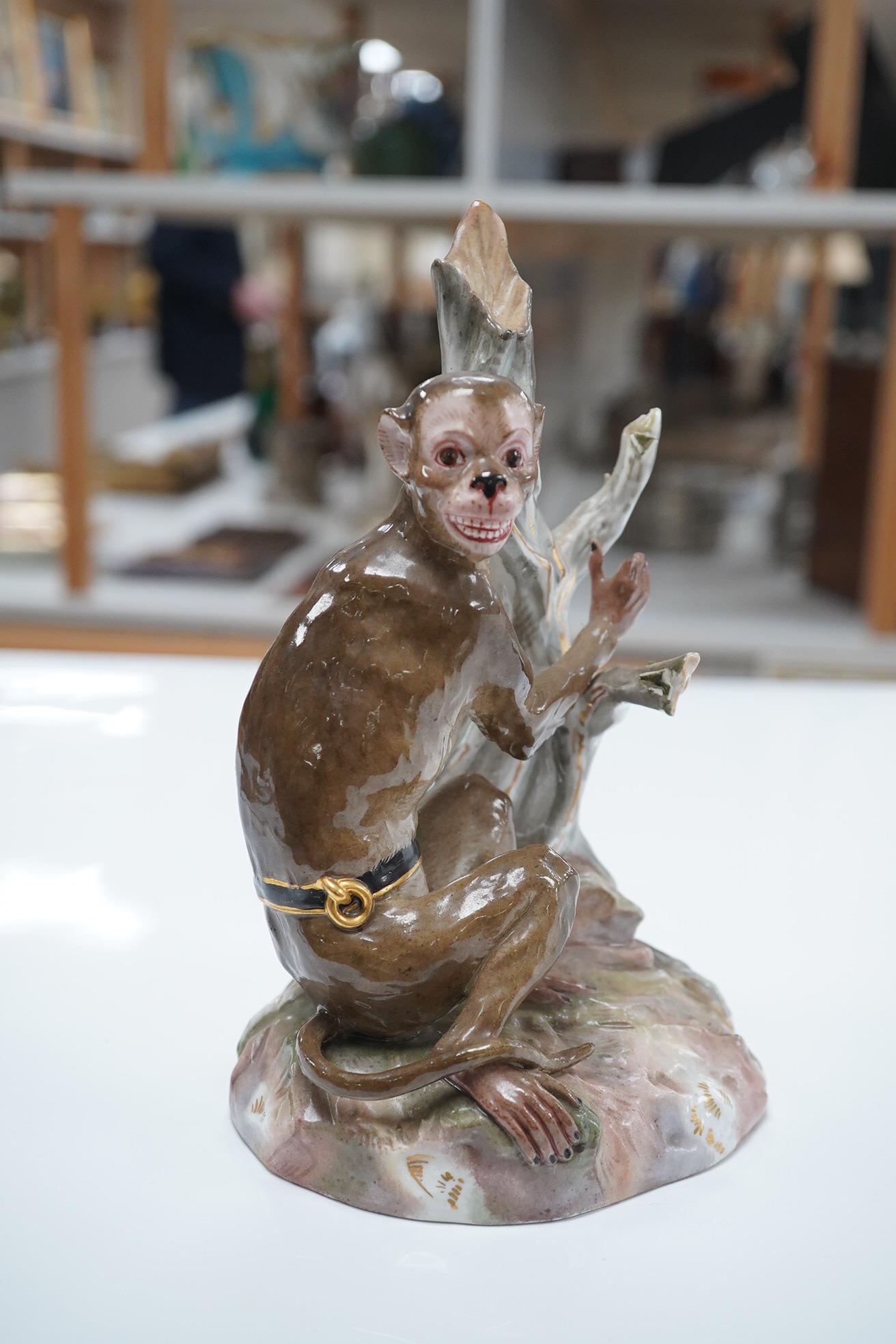 A 19th century Meissen painted porcelain model of a Rhesus Monkey, modelled by Johann Joachim Kaendler, number 1131, 19cm. Condition - damage to fingers and leaves